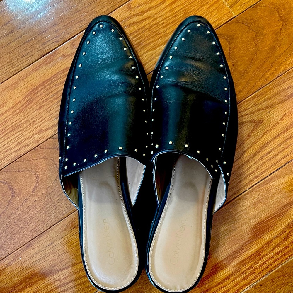 CALVIN KLEIN black floral studded mules size 10